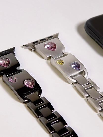 Metallic Shiny Heart Crystal Watch Band